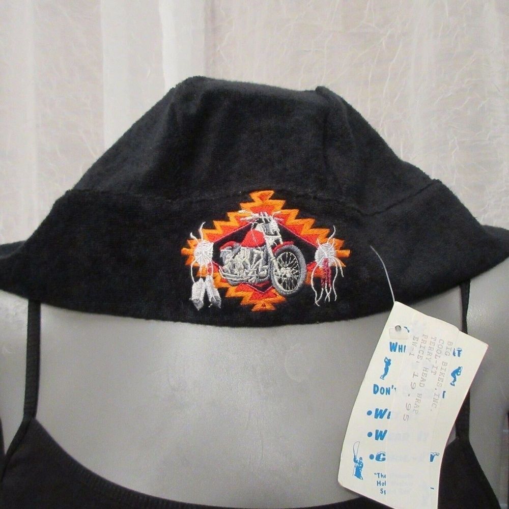 Cool-It Black Terrycloth Biker Motorcycle Black Head Wrap Do Rag Skull Cap New - Picture 3 of 4